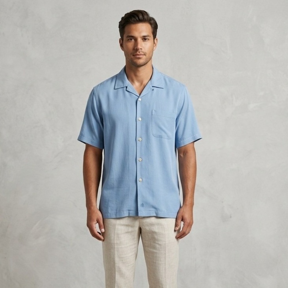 Nat Nast Luxury Originals Mens XL Blue 100% Silk Short Sleeve Camp Shirt Bowl